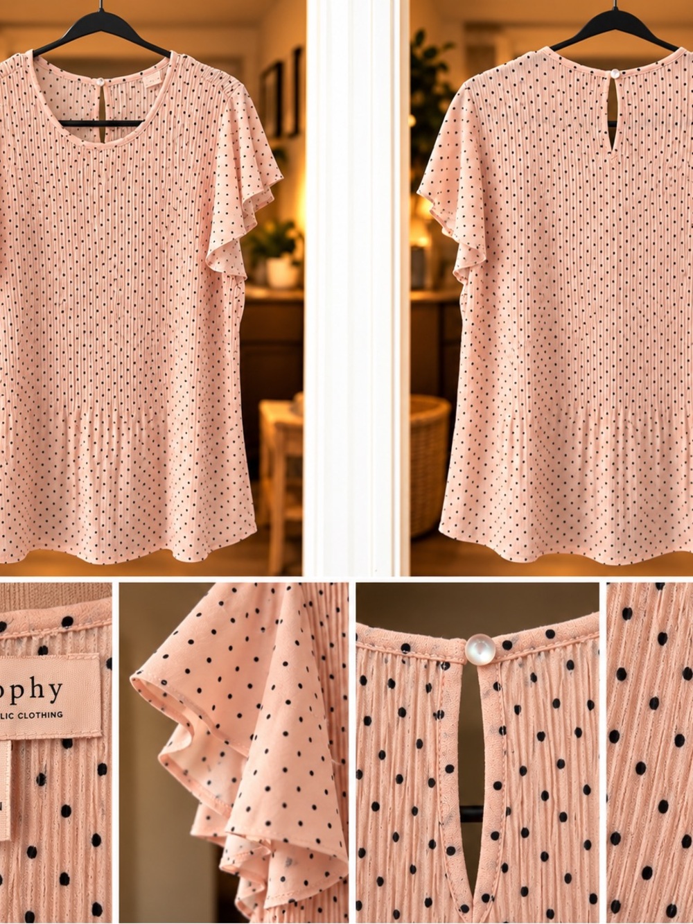 Philosophy Pink Polka Dot Flutter Sleeve Blouse